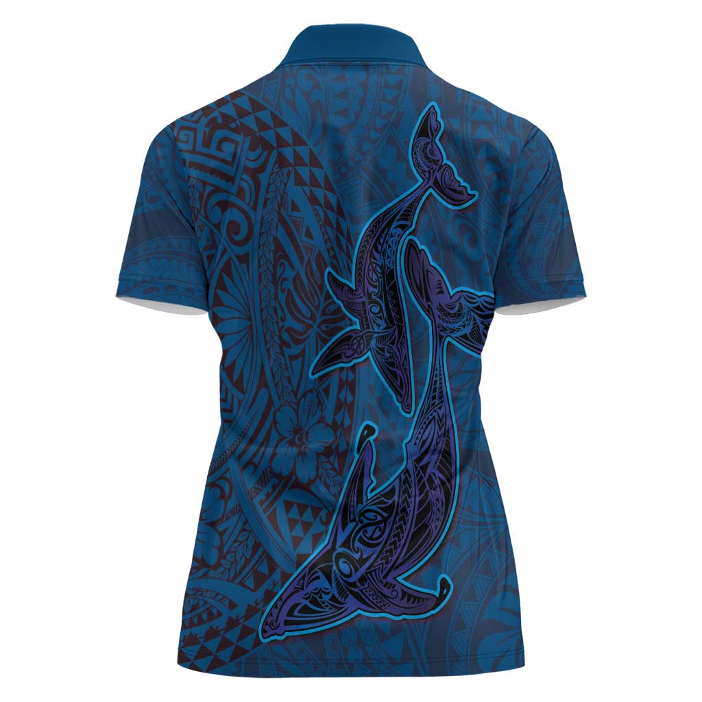 Hawaiian Whales Polynesian Art Motifs Women Polo Shirt Blue Color - Polynesian Pride