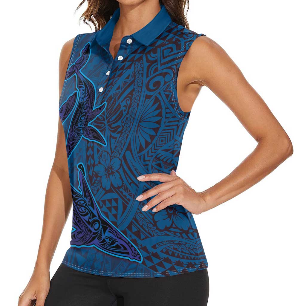 Hawaiian Whales Polynesian Art Motifs Women Sleeveless Polo Shirt Blue Color - Polynesian Pride