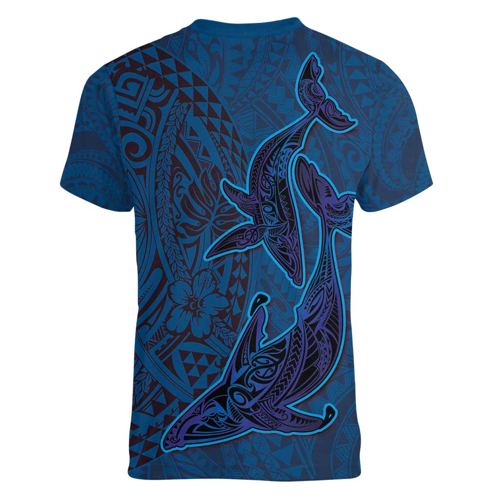 Hawaiian Whales Polynesian Art Motifs Women V-Neck T-Shirt Blue Color - Polynesian Pride