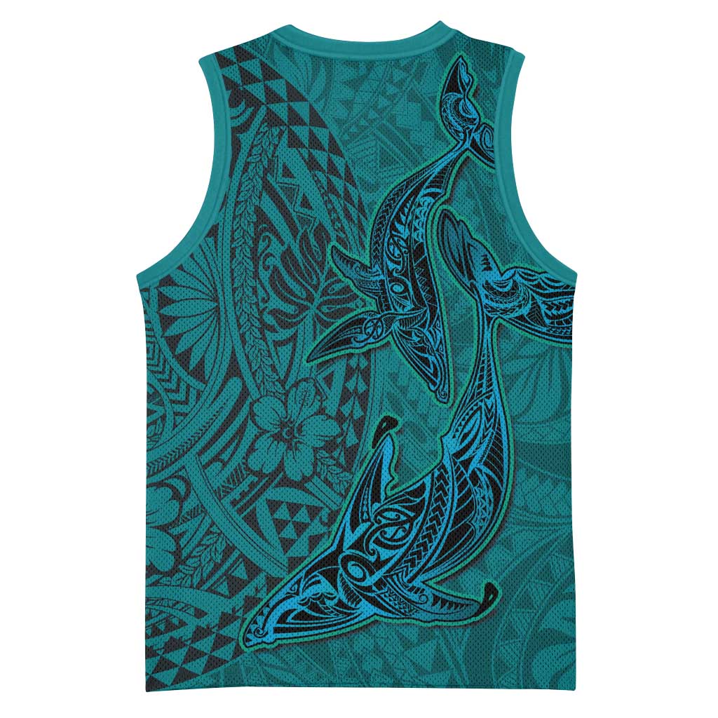 Hawaiian Whales Polynesian Art Motifs Basketball Jersey Turquoise Color - Polynesian Pride