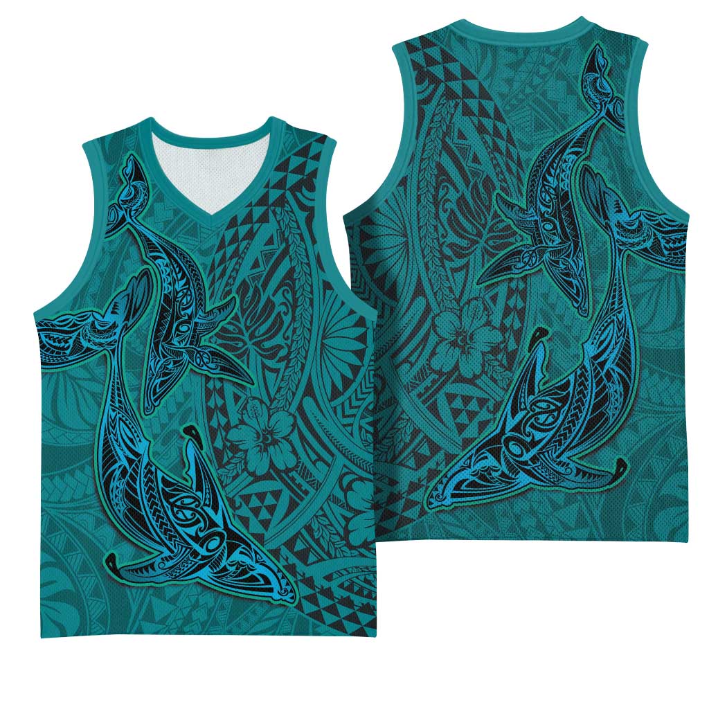 Hawaiian Whales Polynesian Art Motifs Basketball Jersey Turquoise Color - Polynesian Pride