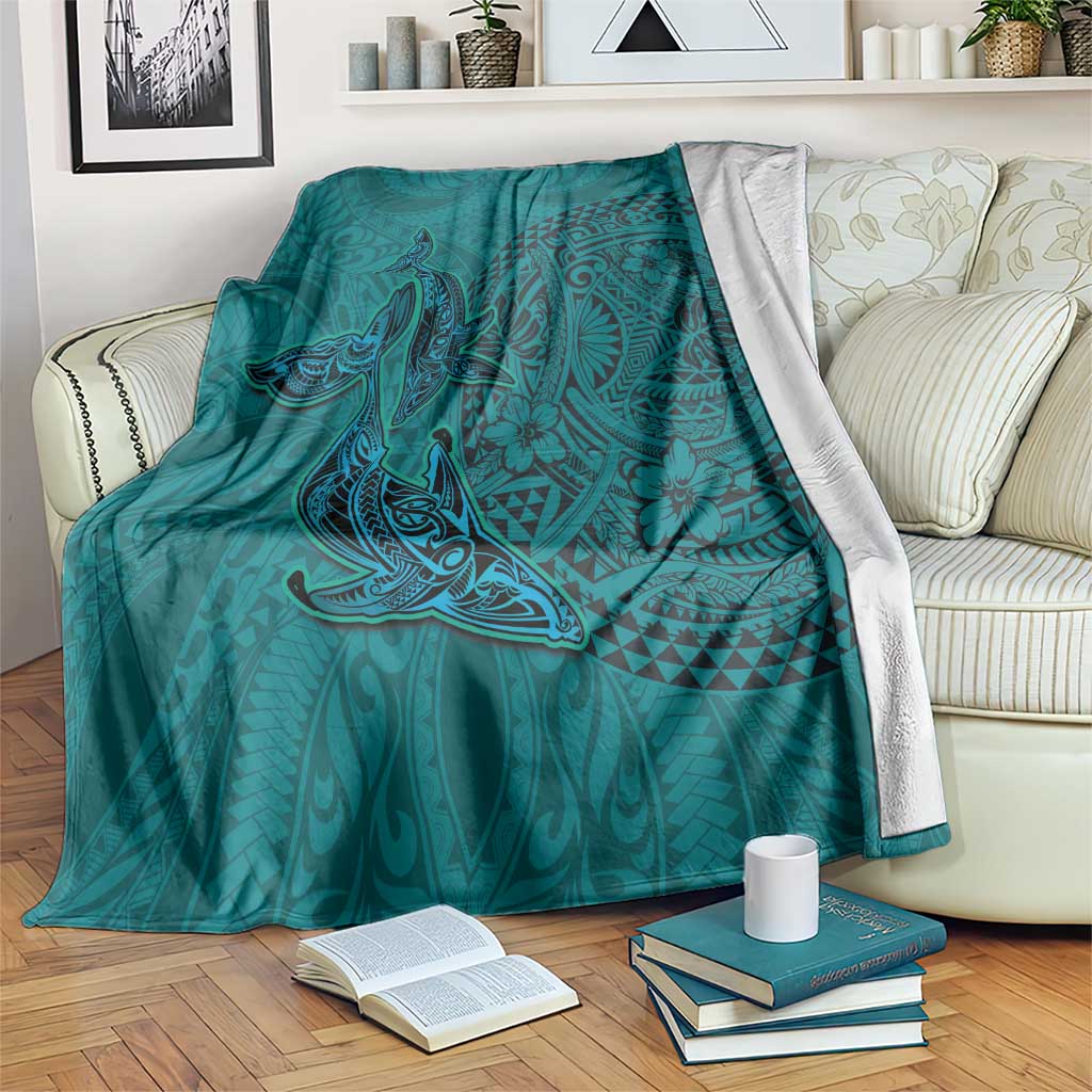 Hawaiian Whales Polynesian Art Motifs Blanket Turquoise Color - Polynesian Pride