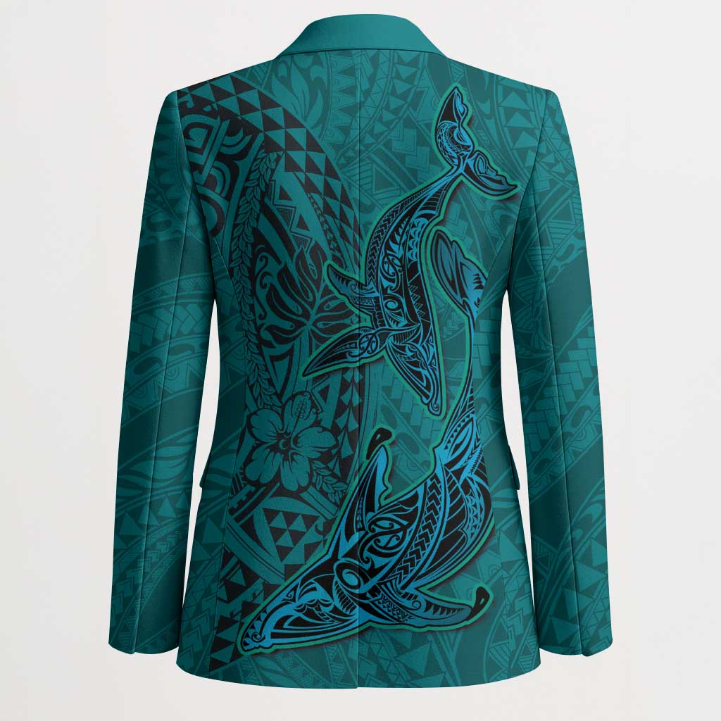 Hawaiian Whales Polynesian Art Motifs Blazer Turquoise Color - Polynesian Pride