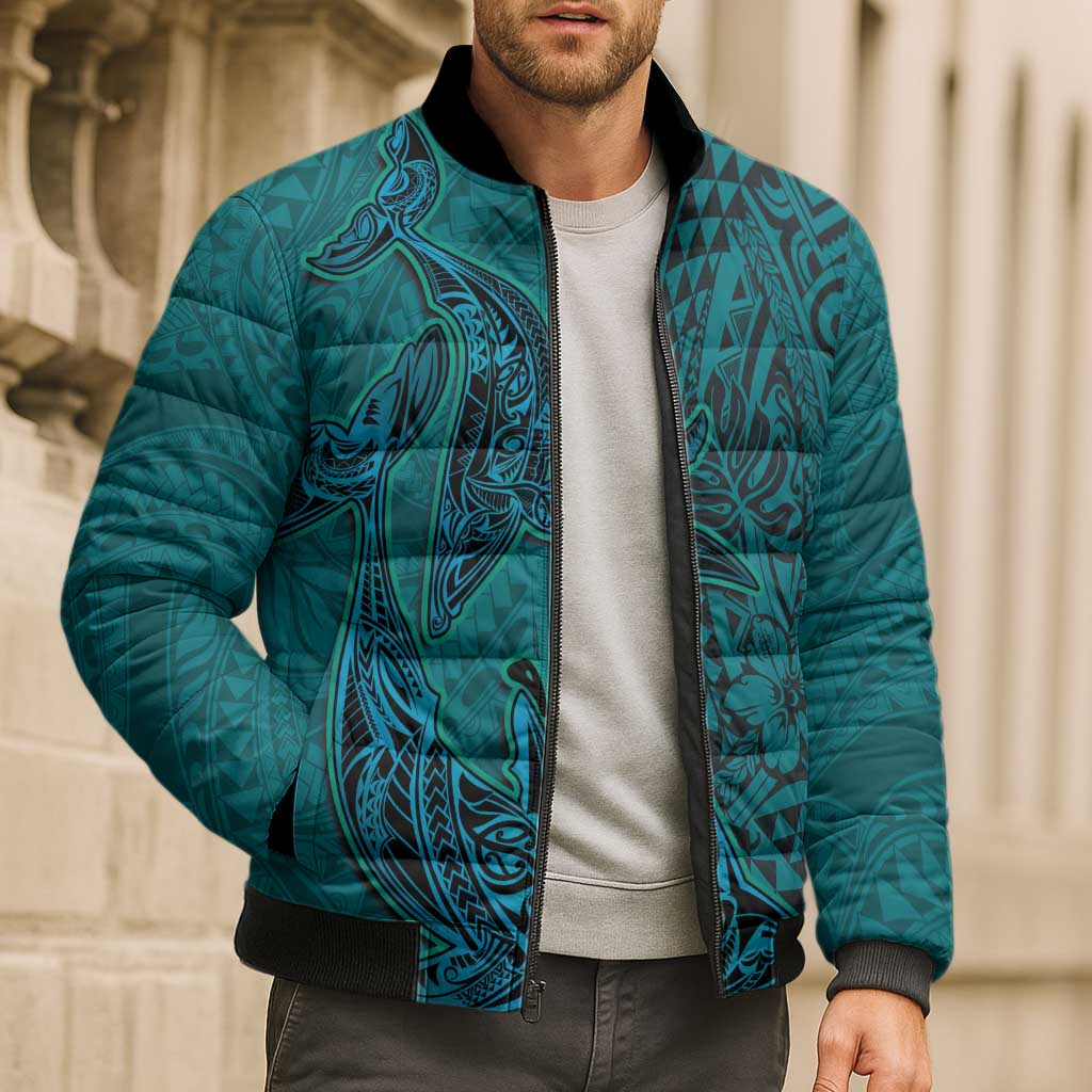 Hawaiian Whales Polynesian Art Motifs Bomber Puffer Jacket Turquoise Color - Polynesian Pride