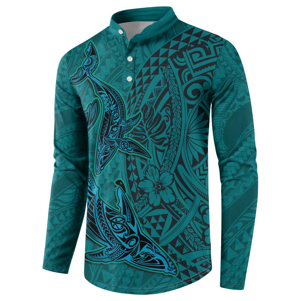 Hawaiian Whales Polynesian Art Motifs Button Sweatshirt Turquoise Color - Polynesian Pride