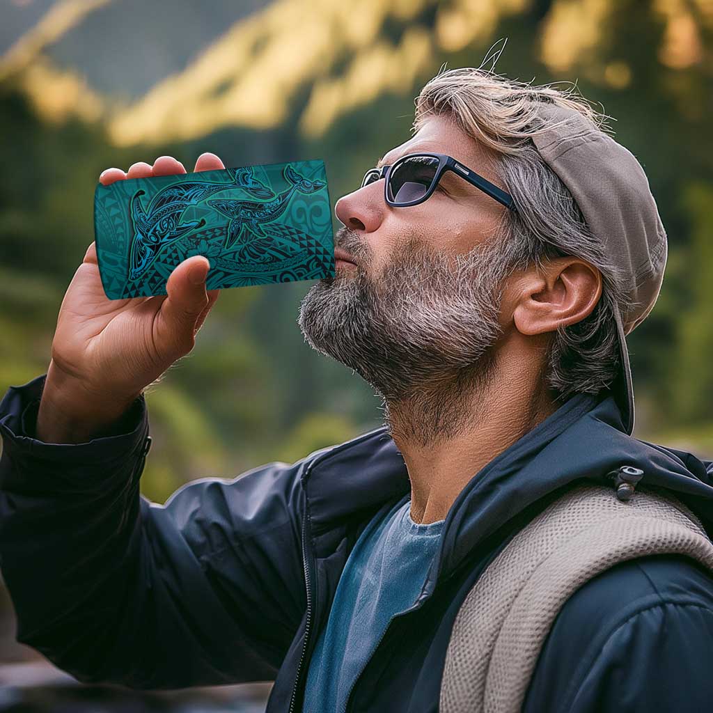 Hawaiian Whales Polynesian Art Motifs 4 in 1 Can Cooler Tumbler Turquoise Color - Polynesian Pride