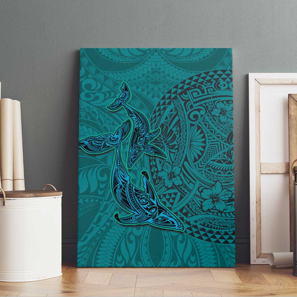 Hawaiian Whales Polynesian Art Motifs Canvas Wall Art Turquoise Color - Polynesian Pride