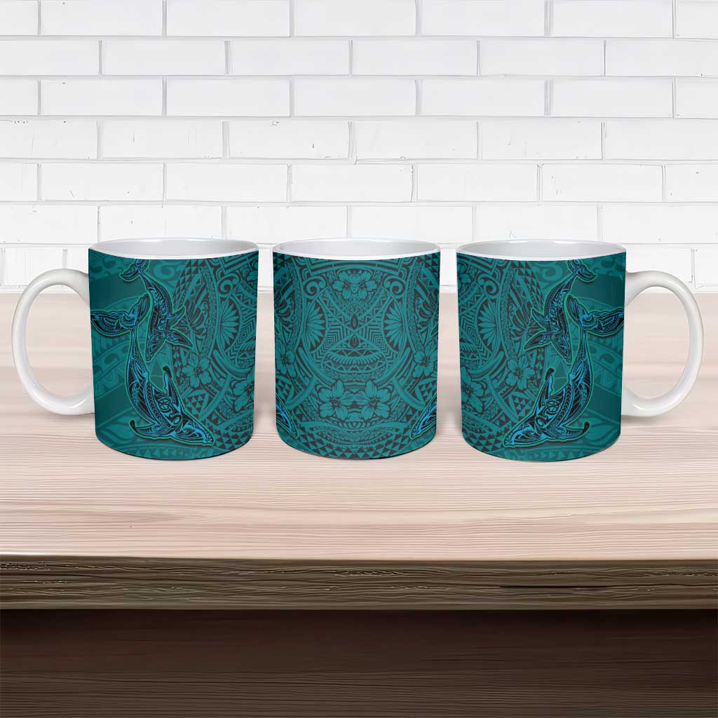 Hawaiian Whales Polynesian Art Motifs Ceramic Mug Turquoise Color - Polynesian Pride