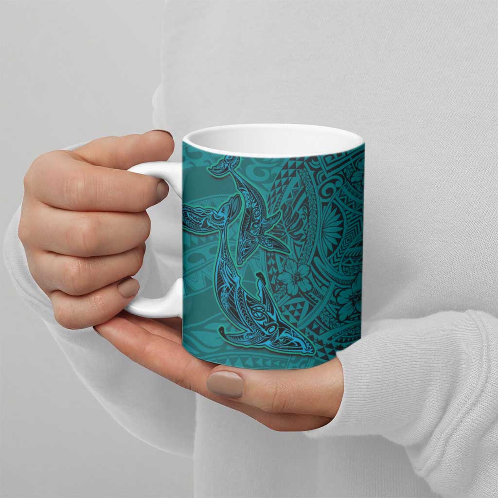 Hawaiian Whales Polynesian Art Motifs Ceramic Mug Turquoise Color - Polynesian Pride