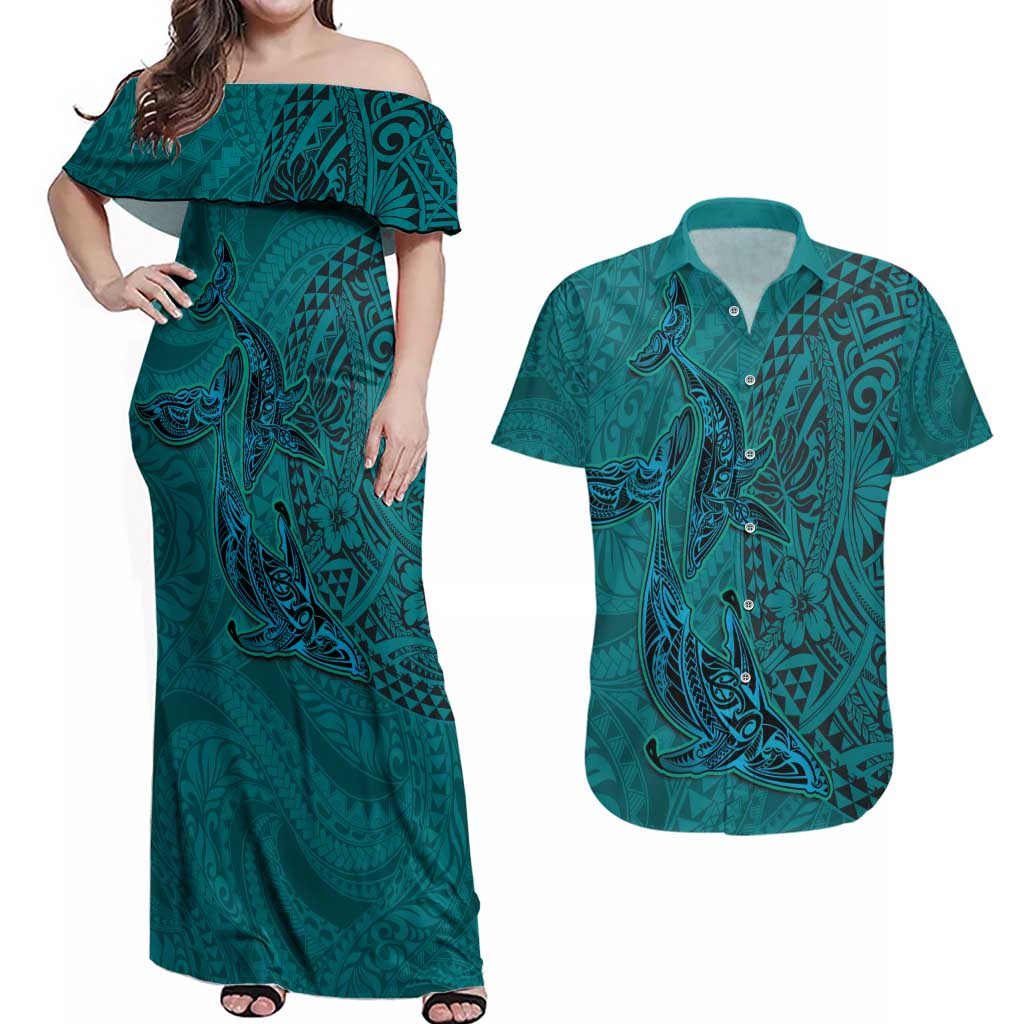 Hawaiian Whales Polynesian Art Motifs Couples Matching Off Shoulder Maxi Dress and Hawaiian Shirt Turquoise Color - Polynesian Pride