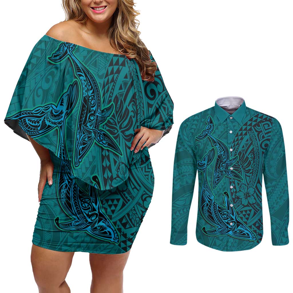 Hawaiian Whales Polynesian Art Motifs Couples Matching Off Shoulder Short Dress and Long Sleeve Button Shirt Turquoise Color - Polynesian Pride