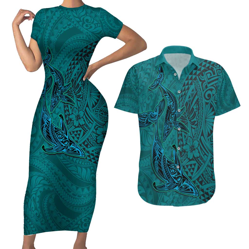 Hawaiian Whales Polynesian Art Motifs Couples Matching Short Sleeve Bodycon Dress and Hawaiian Shirt Turquoise Color - Polynesian Pride