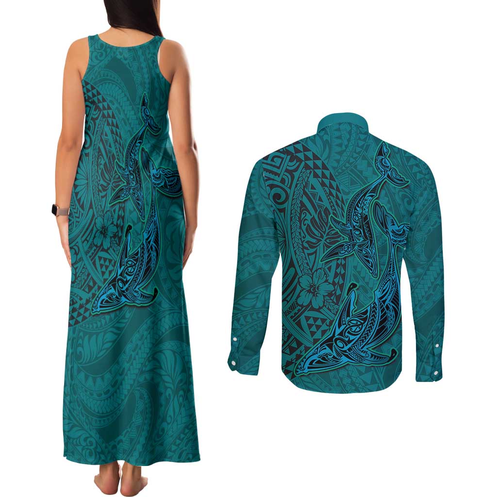 Hawaiian Whales Polynesian Art Motifs Couples Matching Tank Maxi Dress and Long Sleeve Button Shirt Turquoise Color - Polynesian Pride