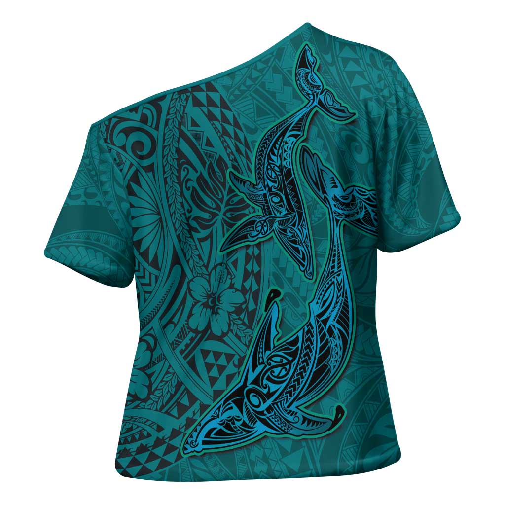 Hawaiian Whales Polynesian Art Motifs Cross Shoulder Shirt Turquoise Color - Polynesian Pride