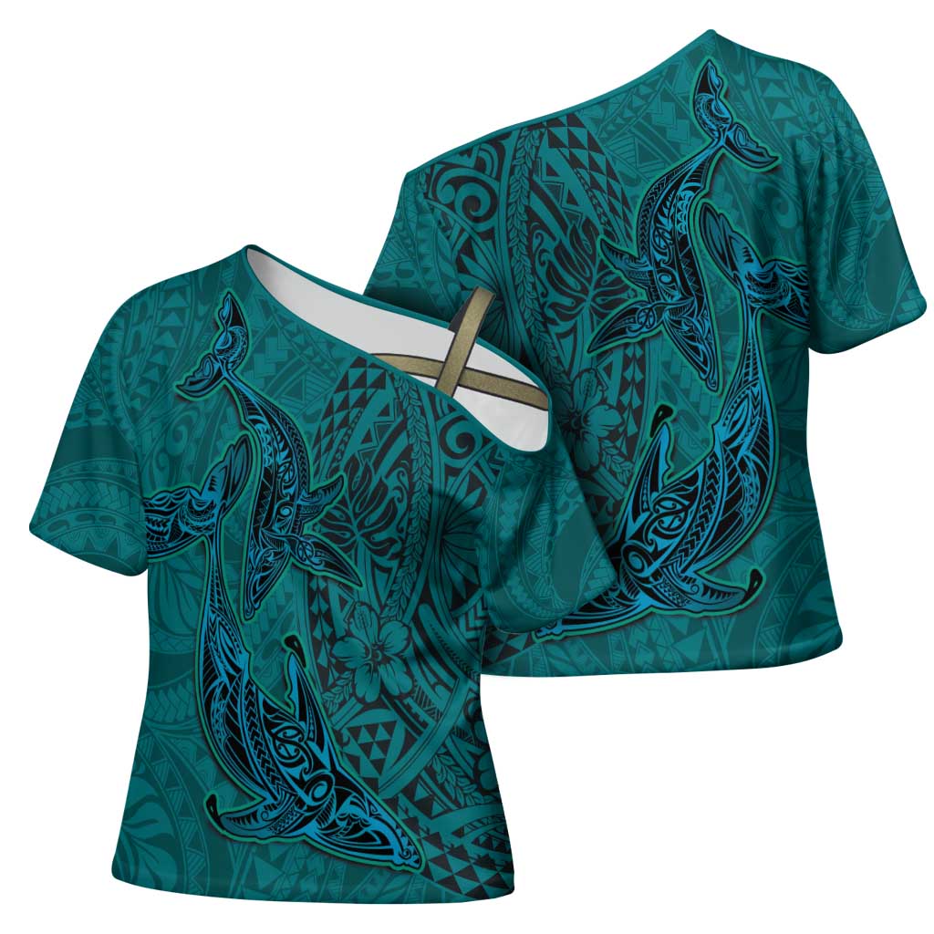 Hawaiian Whales Polynesian Art Motifs Cross Shoulder Shirt Turquoise Color - Polynesian Pride