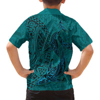 Hawaiian Whales Polynesian Art Motifs Family Matching Long Sleeve Bodycon Dress and Hawaiian Shirt Turquoise Color LT03 - Polynesian Pride