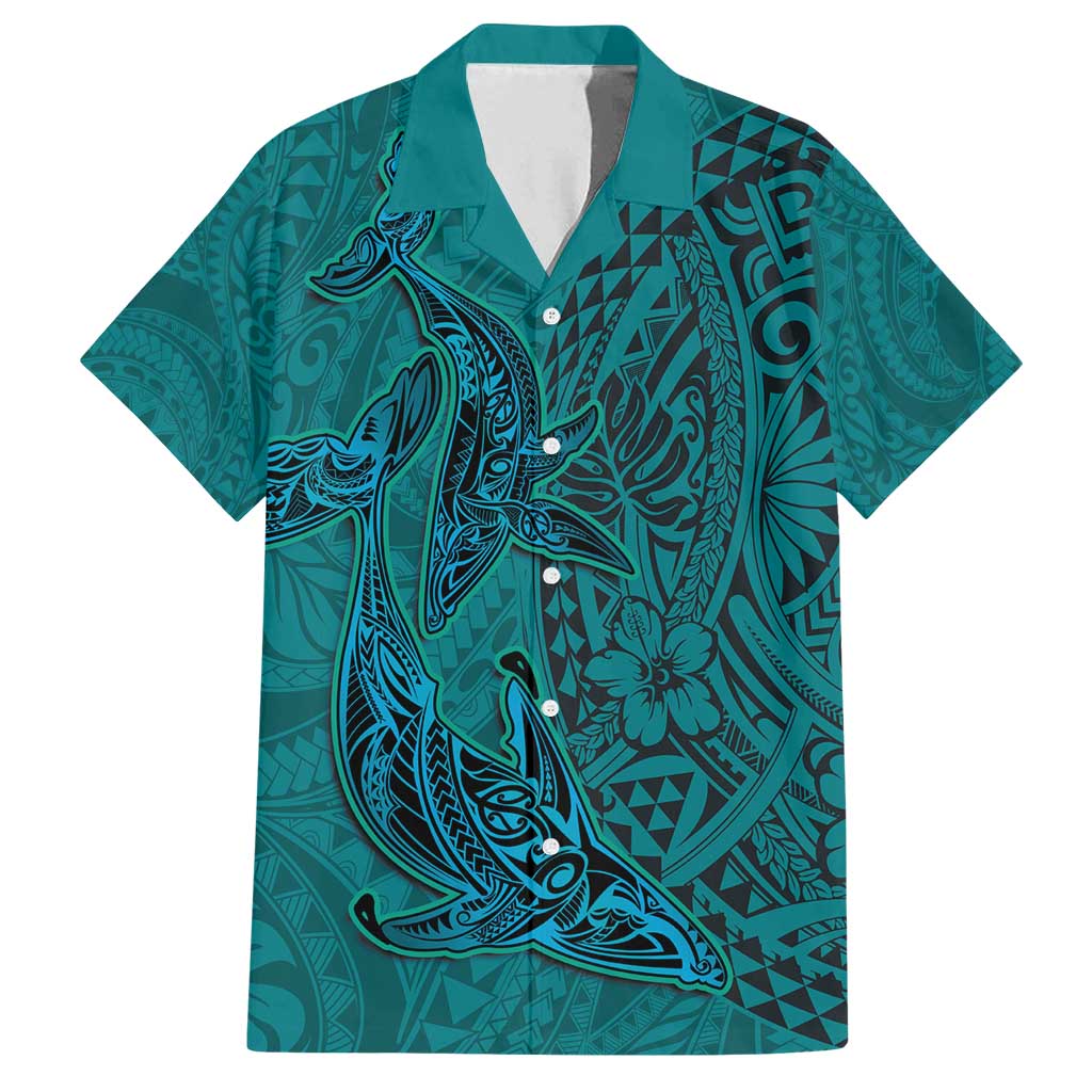 Hawaiian Whales Polynesian Art Motifs Family Matching Long Sleeve Bodycon Dress and Hawaiian Shirt Turquoise Color LT03 Dad's Shirt - Short Sleeve Turquoise - Polynesian Pride