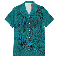 Hawaiian Whales Polynesian Art Motifs Family Matching Long Sleeve Bodycon Dress and Hawaiian Shirt Turquoise Color LT03 Dad's Shirt - Short Sleeve Turquoise - Polynesian Pride
