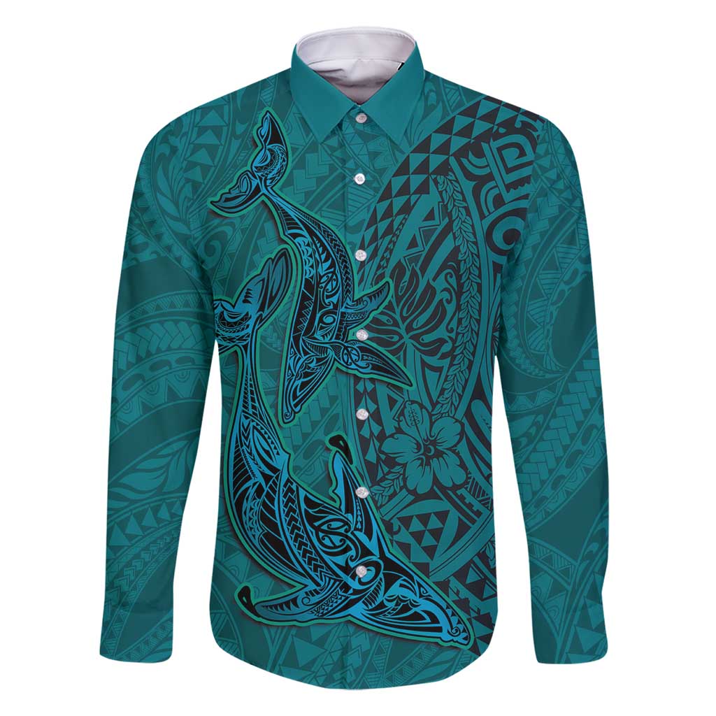 Hawaiian Whales Polynesian Art Motifs Family Matching Long Sleeve Bodycon Dress and Hawaiian Shirt Turquoise Color LT03 Dad's Shirt - Long Sleeve Turquoise - Polynesian Pride