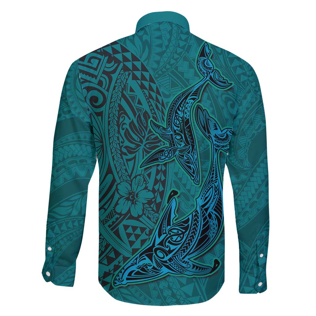 Hawaiian Whales Polynesian Art Motifs Family Matching Long Sleeve Bodycon Dress and Hawaiian Shirt Turquoise Color LT03 - Polynesian Pride
