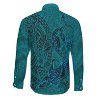Hawaiian Whales Polynesian Art Motifs Family Matching Long Sleeve Bodycon Dress and Hawaiian Shirt Turquoise Color LT03 - Polynesian Pride