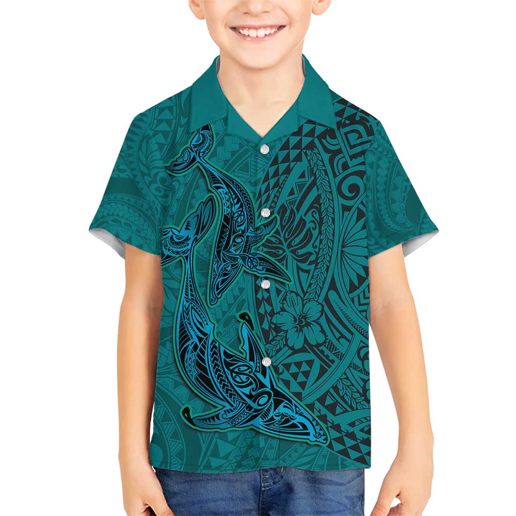 Hawaiian Whales Polynesian Art Motifs Family Matching Long Sleeve Bodycon Dress and Hawaiian Shirt Turquoise Color LT03 Son's Shirt Turquoise - Polynesian Pride
