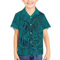 Hawaiian Whales Polynesian Art Motifs Family Matching Long Sleeve Bodycon Dress and Hawaiian Shirt Turquoise Color LT03 Son's Shirt Turquoise - Polynesian Pride