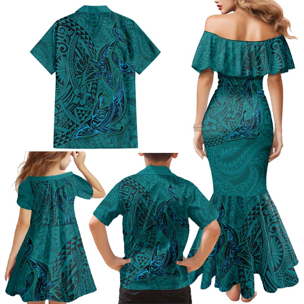 Hawaiian Whales Polynesian Art Motifs Family Matching Mermaid Dress and Hawaiian Shirt Turquoise Color - Polynesian Pride