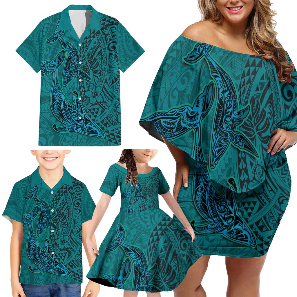 Hawaiian Whales Polynesian Art Motifs Family Matching Off Shoulder Short Dress and Hawaiian Shirt Turquoise Color - Polynesian Pride