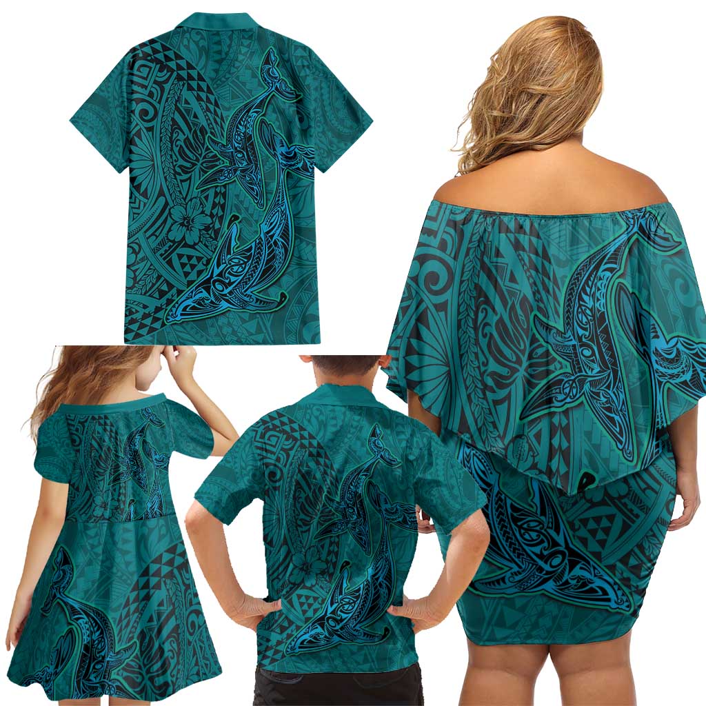 Hawaiian Whales Polynesian Art Motifs Family Matching Off Shoulder Short Dress and Hawaiian Shirt Turquoise Color - Polynesian Pride