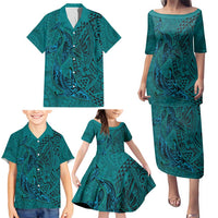 Hawaiian Whales Polynesian Art Motifs Family Matching Puletasi and Hawaiian Shirt Turquoise Color - Polynesian Pride