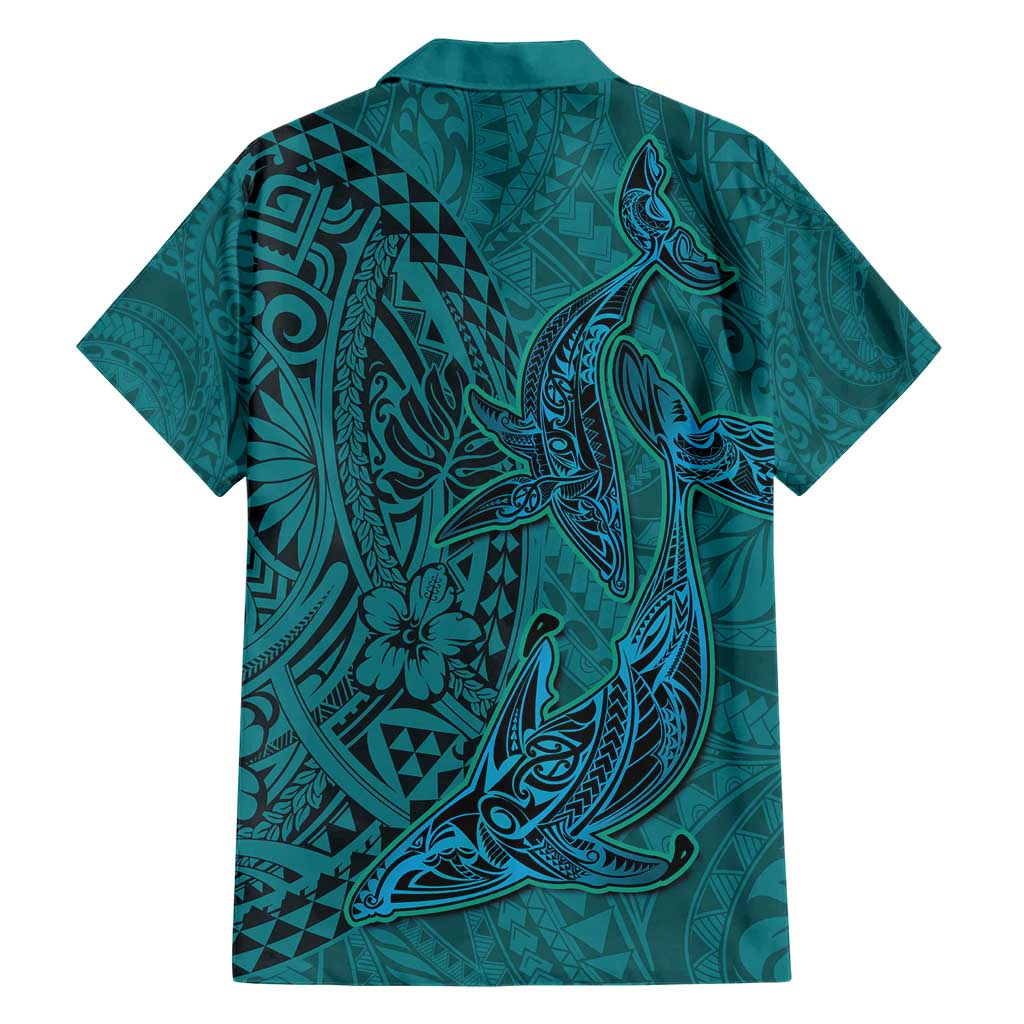 Hawaiian Whales Polynesian Art Motifs Family Matching Short Sleeve Bodycon Dress and Hawaiian Shirt Turquoise Color - Polynesian Pride