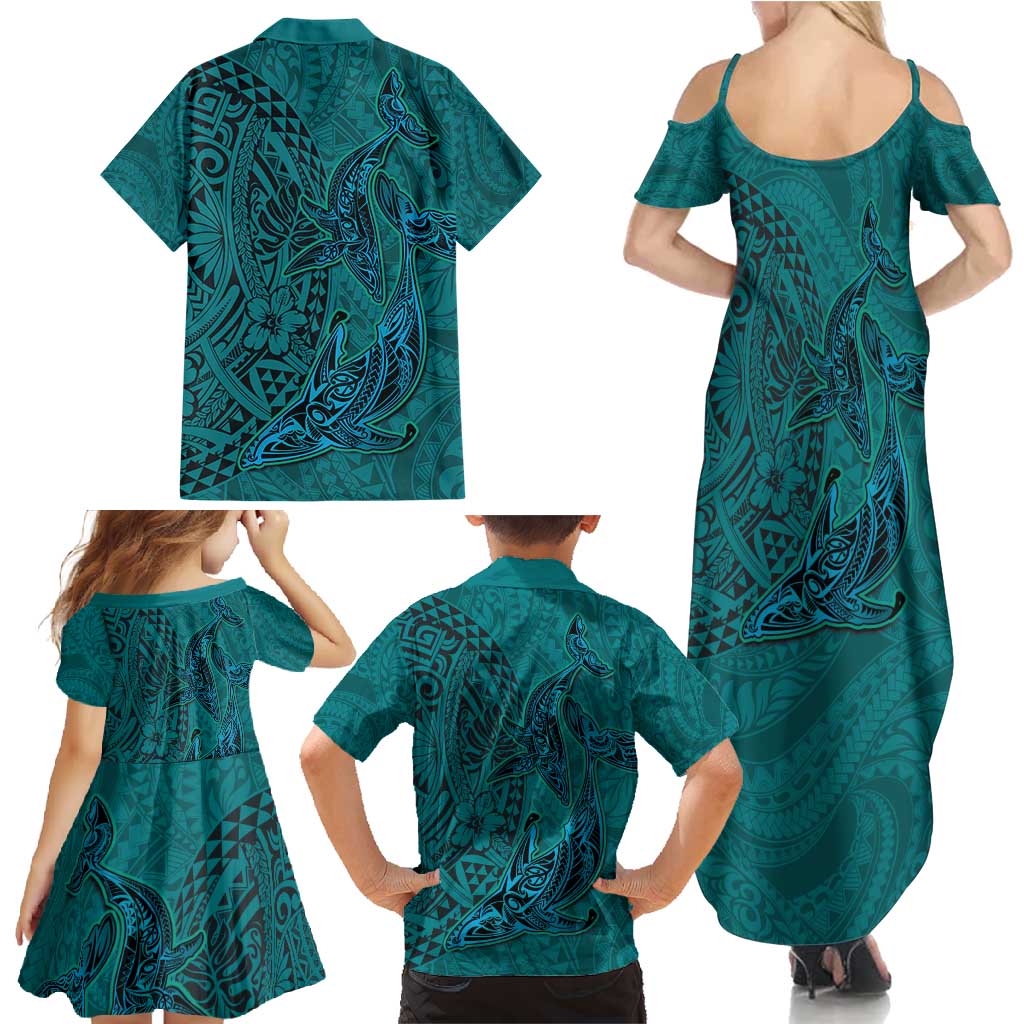 Hawaiian Whales Polynesian Art Motifs Family Matching Summer Maxi Dress and Hawaiian Shirt Turquoise Color - Polynesian Pride