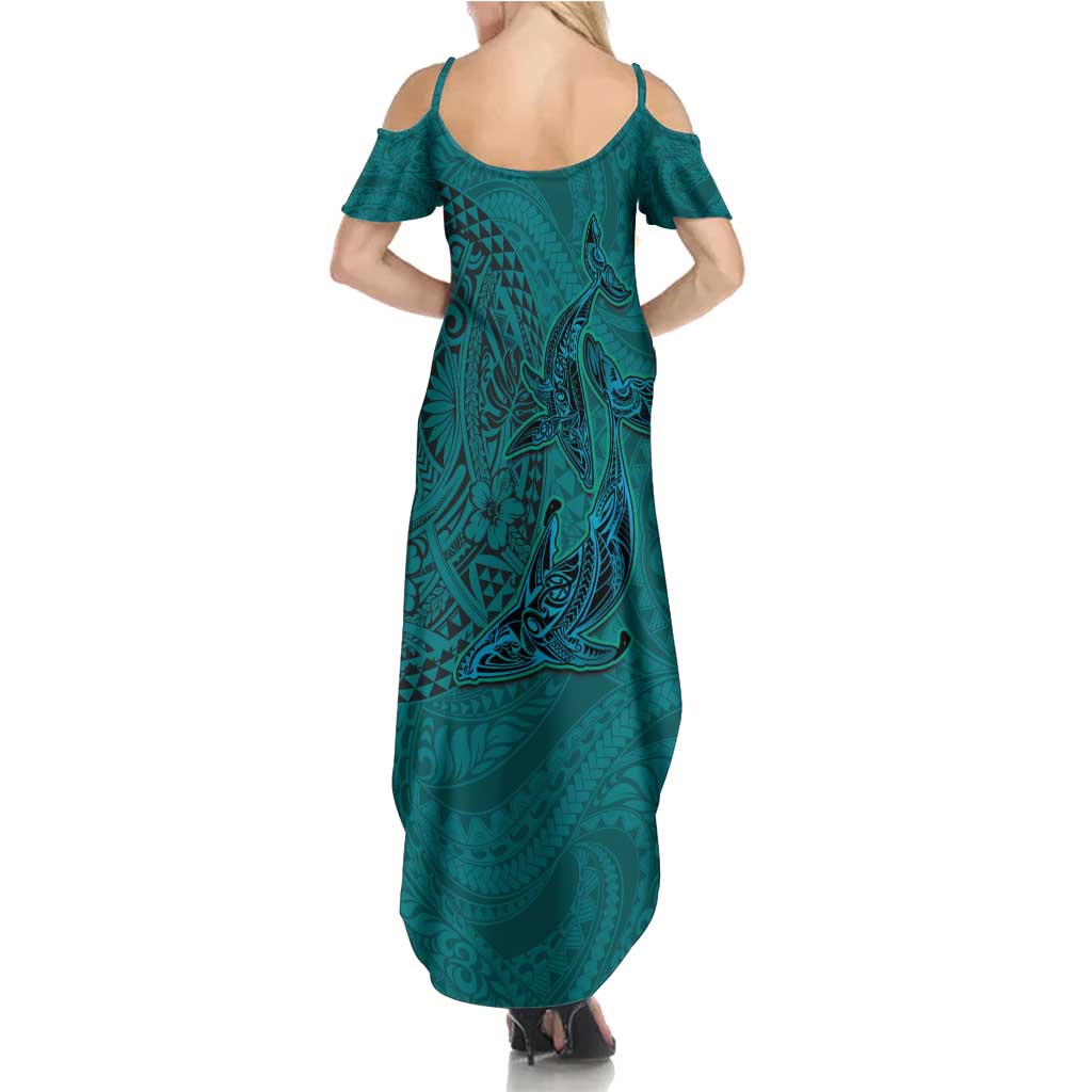 Hawaiian Whales Polynesian Art Motifs Family Matching Summer Maxi Dress and Hawaiian Shirt Turquoise Color - Polynesian Pride