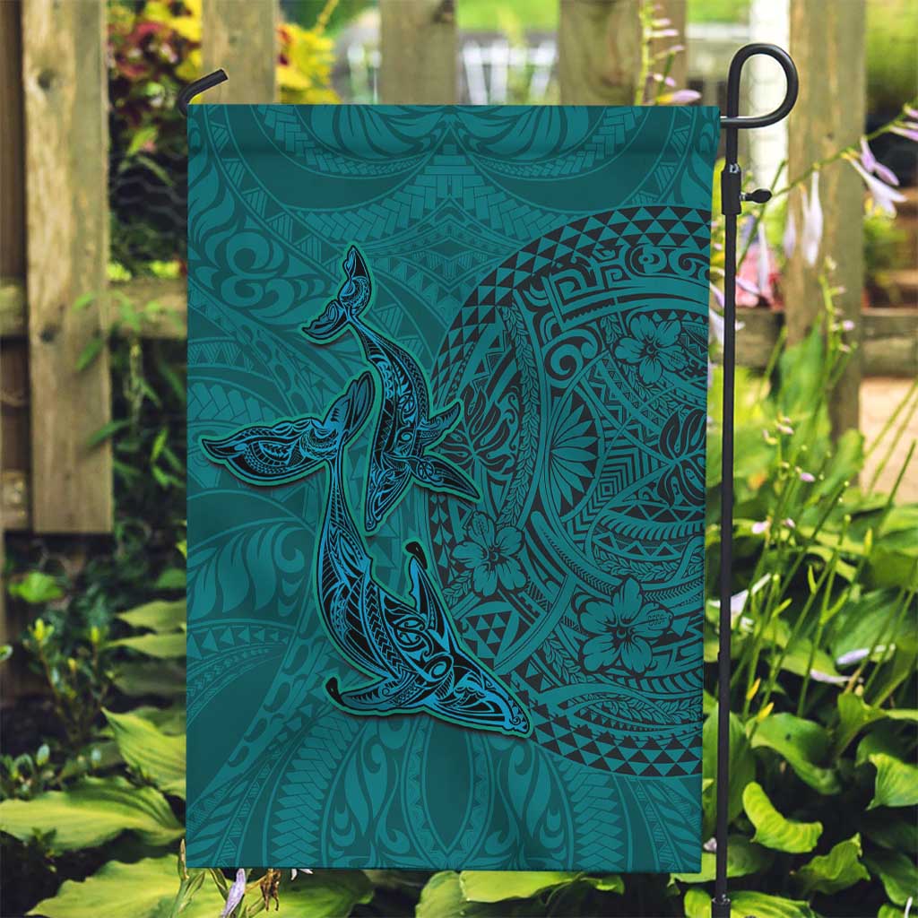 Hawaiian Whales Polynesian Art Motifs Garden Flag Turquoise Color - Polynesian Pride