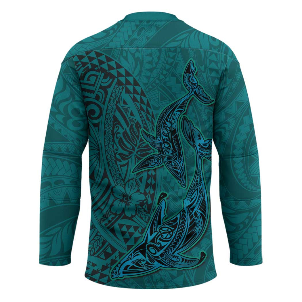 Hawaiian Whales Polynesian Art Motifs Hockey Jersey Turquoise Color - Polynesian Pride