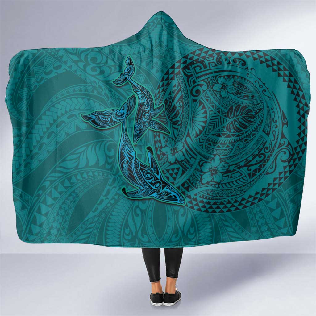 Hawaiian Whales Polynesian Art Motifs Hooded Blanket Turquoise Color - Polynesian Pride
