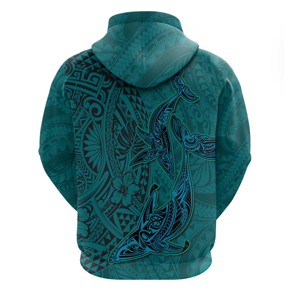 Hawaiian Whales Polynesian Art Motifs Hoodie Turquoise Color - Polynesian Pride