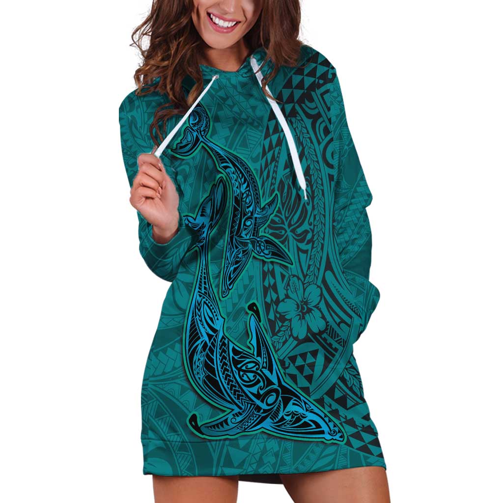 Hawaiian Whales Polynesian Art Motifs Hoodie Dress Turquoise Color - Polynesian Pride