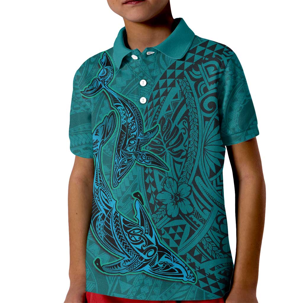 Hawaiian Whales Polynesian Art Motifs Kid Polo Shirt Turquoise Color - Polynesian Pride