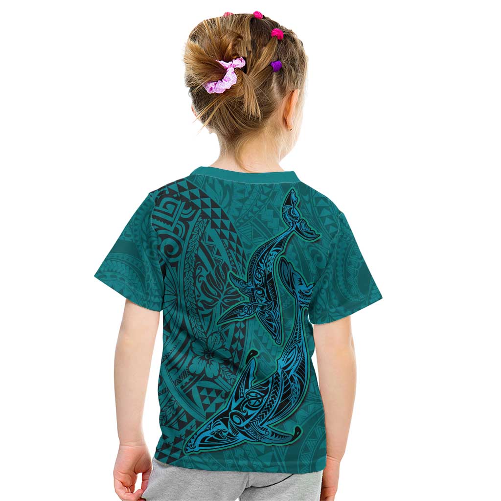 Hawaiian Whales Polynesian Art Motifs Kid T Shirt Turquoise Color - Polynesian Pride