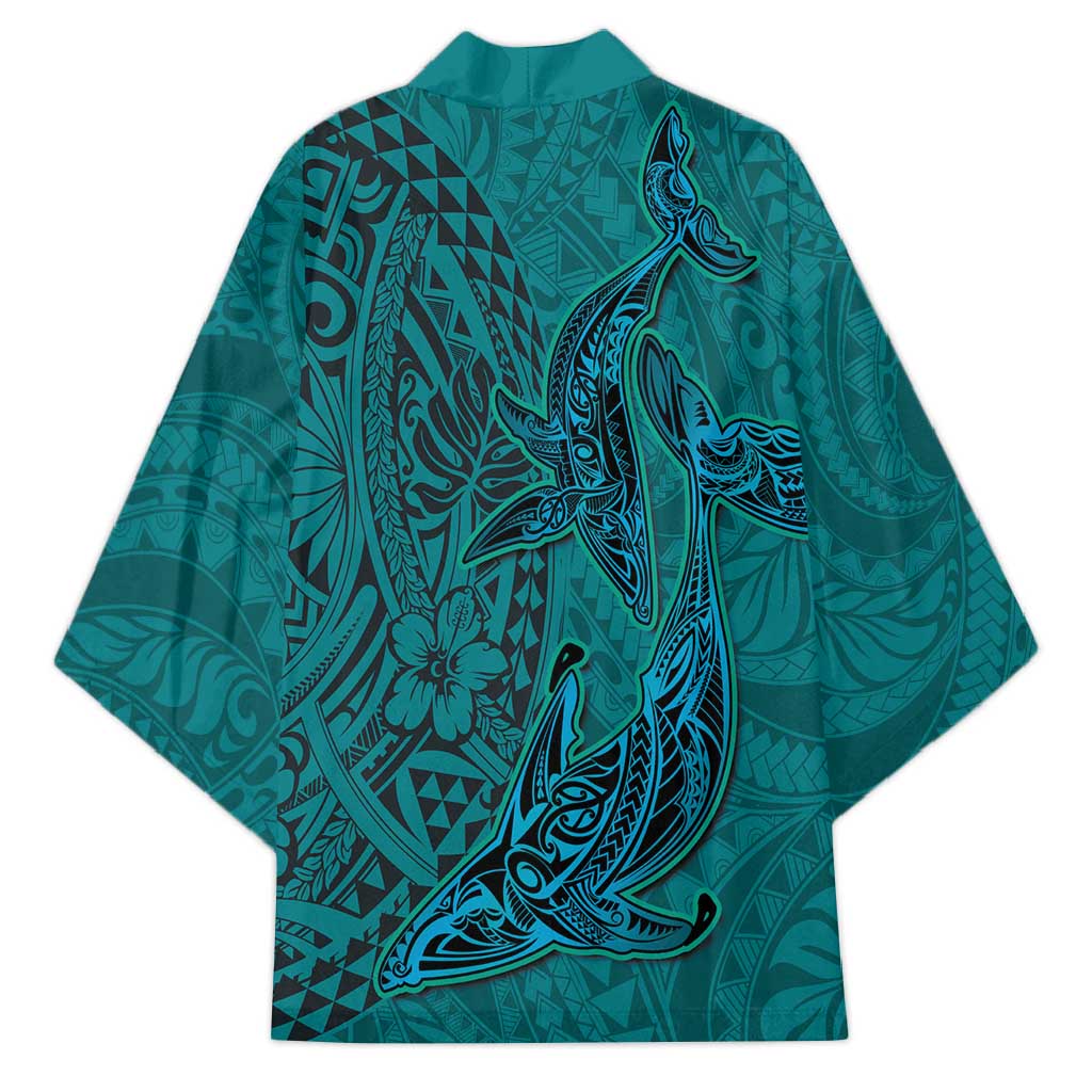 Hawaiian Whales Polynesian Art Motifs Kimono Turquoise Color - Polynesian Pride