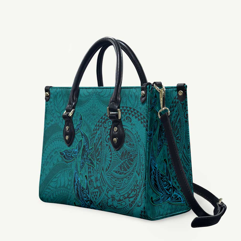 Hawaiian Whales Polynesian Art Motifs Leather Bag Turquoise Color - Polynesian Pride