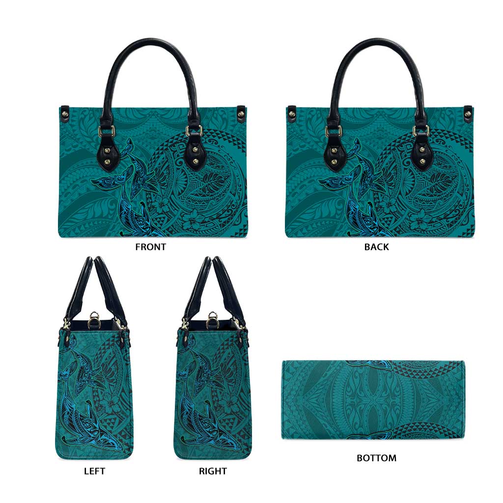 Hawaiian Whales Polynesian Art Motifs Leather Bag Turquoise Color - Polynesian Pride