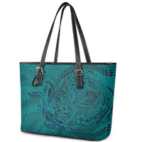Hawaiian Whales Polynesian Art Motifs Leather Tote Bag Turquoise Color - Polynesian Pride