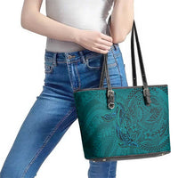 Hawaiian Whales Polynesian Art Motifs Leather Tote Bag Turquoise Color - Polynesian Pride