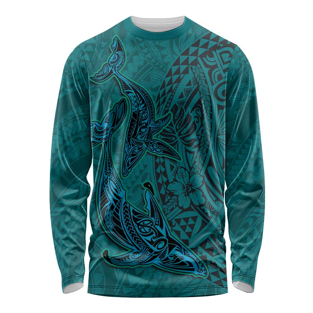 Hawaiian Whales Polynesian Art Motifs Long Sleeve Shirt Turquoise Color - Polynesian Pride