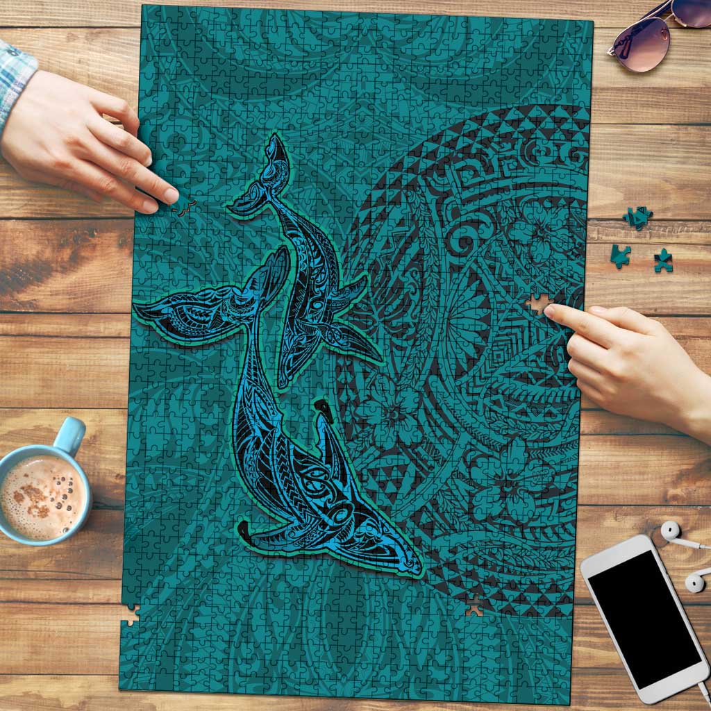 Hawaiian Whales Polynesian Art Motifs Puzzle Turquoise Color - Polynesian Pride