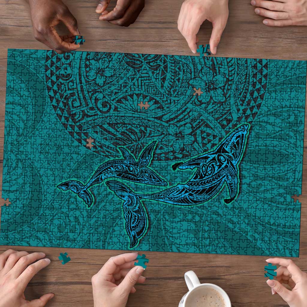 Hawaiian Whales Polynesian Art Motifs Puzzle Turquoise Color - Polynesian Pride