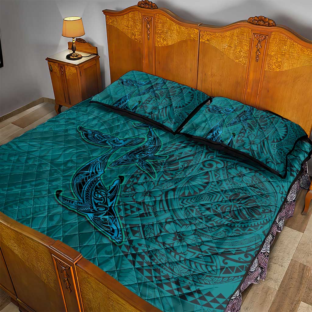 Hawaiian Whales Polynesian Art Motifs Quilt Bed Set Turquoise Color - Polynesian Pride